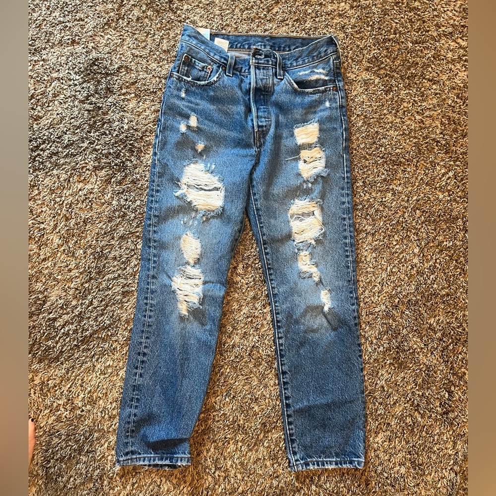 Levi's Blue Straight Leg Jeans with Distressed Details